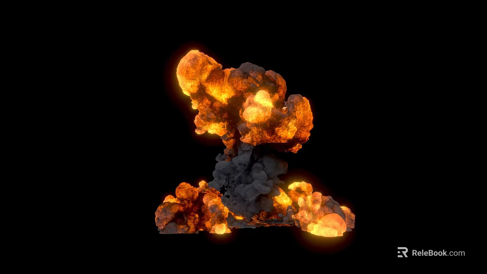 Volcanic Eruption 3D Model with Orange Yellow Magma and Gray Rocks on Black Background 3d model 