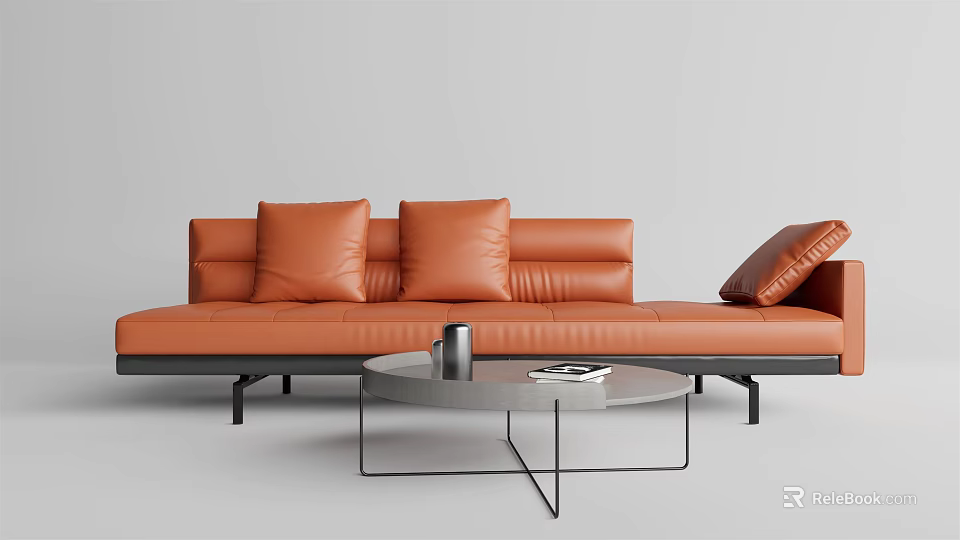 Orange Leather Multi Person Sofa With Cushions And Round Coffee Table 3d model