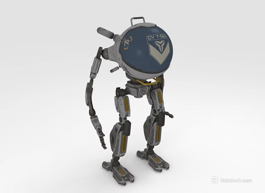 Mechanical Robot Character With Dome Shaped Head R2-734 Label And Metallic Structure 3d model 