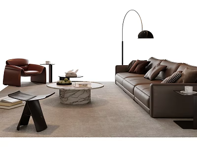 Modern Leather Sofa and Marble Coffee Table Set With Accent Chair and Floor Lamp 3d model