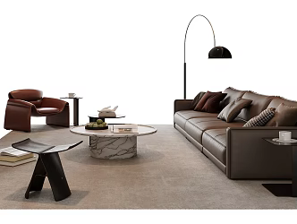Modern Italian Sofa Coffee Table Combination Leather Sofa Single Sofa Floor Lamp Decoration Stool Side Table 3d model