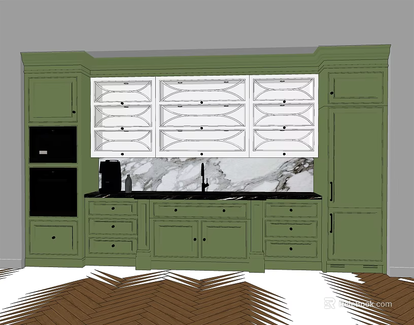 Green Kitchen Cabinets With Glass Front Upper Units And Marble Countertop 3d model 