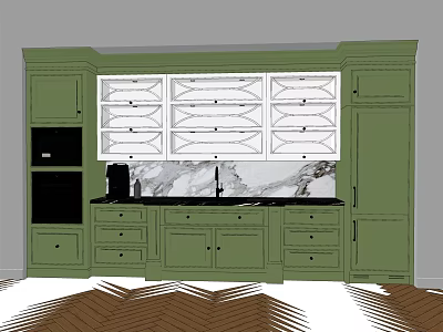 Green Kitchen Cabinets With Glass Front Upper Units And Marble Countertop 3d model