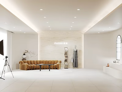 Elegant Modern Clothing Store Interior With Beige Sofa Mannequin And Lighting 3d model