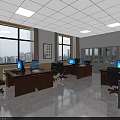 Spacious Public Office Workspace With Wooden Desks Computers Printer And Large Windows 3d model