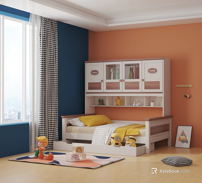 Colorful Kids Room Interior With Blue Orange Walls Bed Storage Cabinet And Toys 3d model 