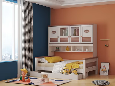 Colorful Kids Room Interior With Blue Orange Walls Bed Storage Cabinet And Toys 3d model
