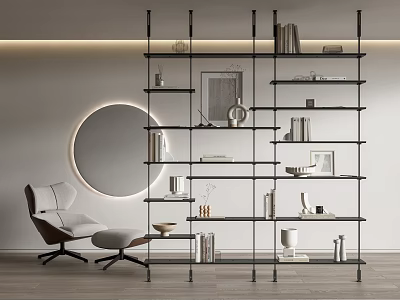 Modern Metal Frame Bookcase With Layered Design Books Photo Frames Decorations And Round Mirror 3d model