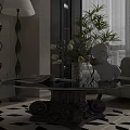 Coffee Table With Glass Top Black Carved Base White Flowers And Sculpture In Living Room