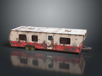 Vintage Rustic Trailer With White Red Exterior Old Windows Door And Rusty Wheels 3d model
