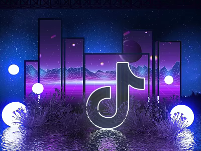 Vibrant TikTok Logo Photo Check In Spot With Illuminated Spheres City Skyline Purple Night Backdrop 3d model