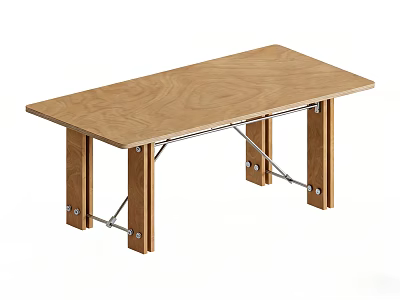 Wooden Office Desk With Foldable Metal Brackets Simple Structure And Light Wood Finish 3d model