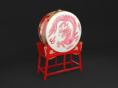 Traditional Chinese Drum with Painted Red Dragon Design on Wooden Red Stand 3d model