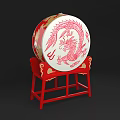 Traditional Chinese Drum with Painted Red Dragon Design on Wooden Red Stand