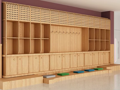 Stylish Solid Wooden Storage Shelf For Preschool With Perforated Panels Hooks Open Cubbies And Cabinets 3d model