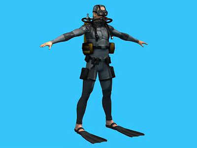 Game Movie Character In Diving Suit With Oxygen Tank And Flippers On Blue Background 3d model