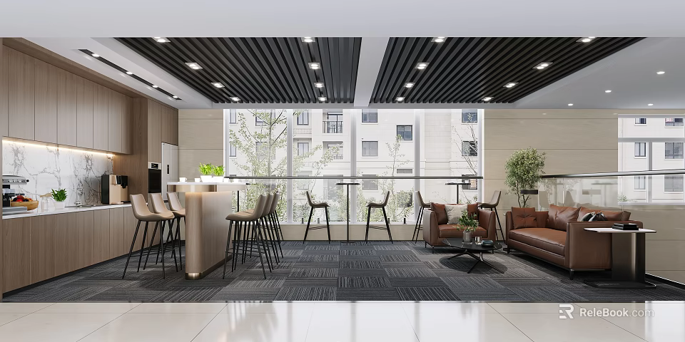 Modern Office Pantry Bar Counter With Comfortable High Stools And Spacious Sunlit Lounge Area 3d model 