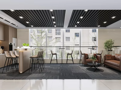Modern Office Pantry Bar Counter With Comfortable High Stools And Spacious Sunlit Lounge Area 3d model