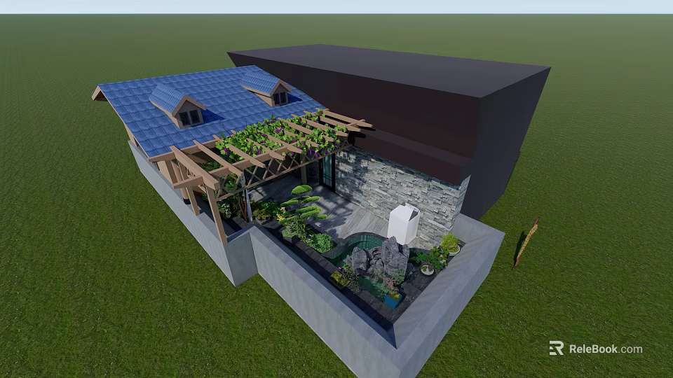 Rooftop Garden Design Featuring Blue Roof Wooden Pergola Greenery And Stone Wall 3d model 