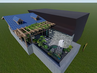 Rooftop Garden Design Featuring Blue Roof Wooden Pergola Greenery And Stone Wall 3d model