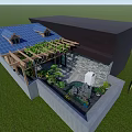 Rooftop Garden Design Featuring Blue Roof Wooden Pergola Greenery And Stone Wall