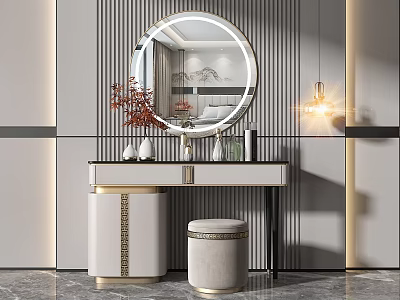 Elegant Modern Dressing Table With Round Mirror Stool And Decorative Items 3d model