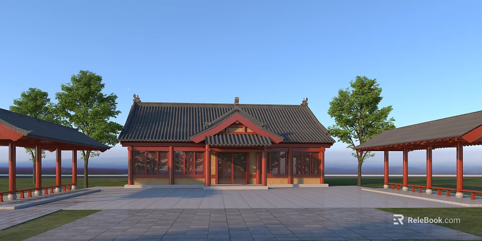 Ancient Chinese Architecture With Traditional Roof Wooden Structure And Open Square Surrounded By Trees 3d model 