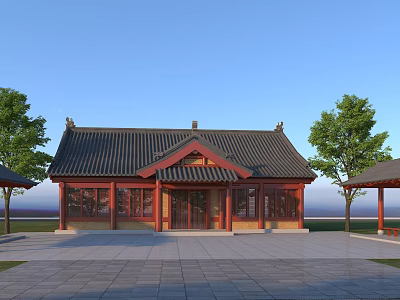 Ancient Chinese Architecture With Traditional Roof Wooden Structure And Open Square Surrounded By Trees 3d model