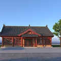 Ancient Chinese Architecture With Traditional Roof Wooden Structure And Open Square Surrounded By Trees