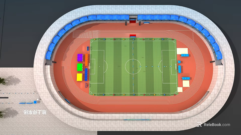 Sports Stadium Aerial View Featuring Green Football Field Red Track And Blue Stands 3d model