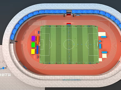 Sports Stadium Aerial View Featuring Green Football Field Red Track And Blue Stands 3d model