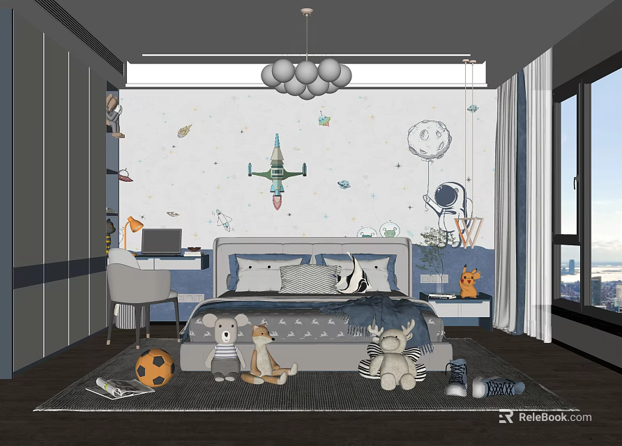 Kids Room Interior With Space Themed Wallpaper Rocket Moon Stuffed Animals And Toys 3d model 