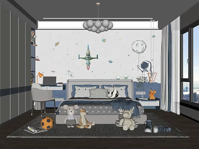 Kids Room Interior With Space Themed Wallpaper Rocket Moon Stuffed Animals And Toys 3d model