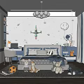 Kids Room Interior With Space Themed Wallpaper Rocket Moon Stuffed Animals And Toys