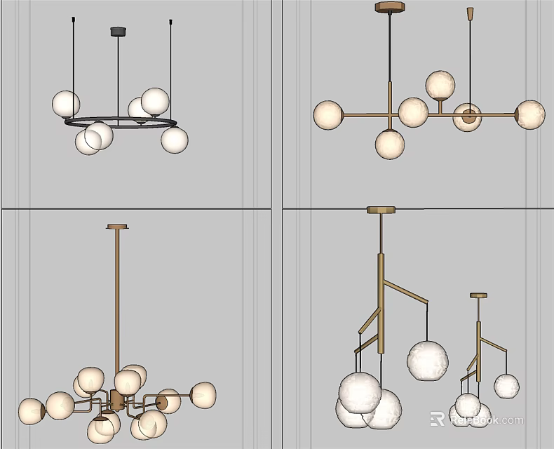 Modern Chandeliers Featuring Spherical Bulbs And Metal Frames In Various Styles 3d model