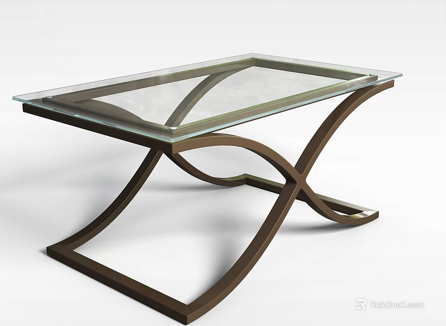 Stylish Modern Coffee Table with Clear Glass Top and Crossed Metal Legs Structure 3d model 