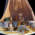 Stuffed Plush Dolls Inside Teepee Tent With String Lights Striped Rug And Boys Toys Bucket