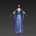 Game and Movie Character in Blue Traditional Dress with Flowing Sleeves and Floral Patterns