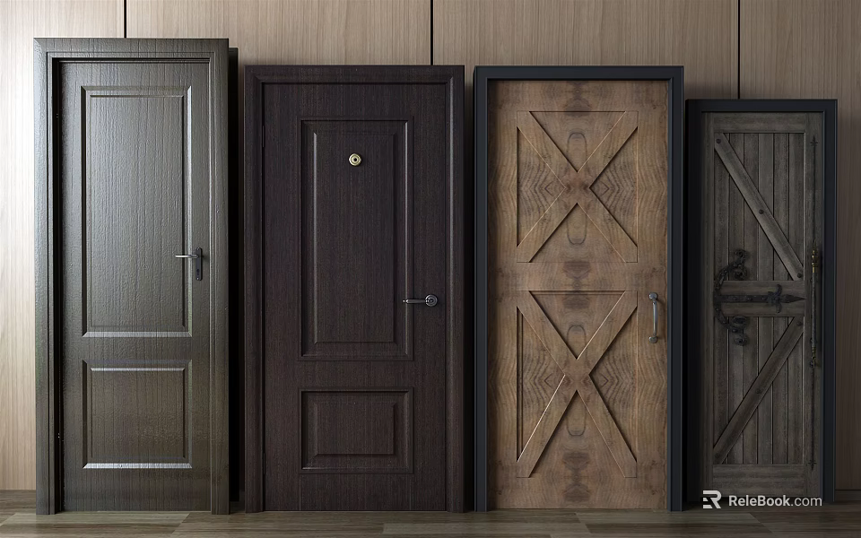 Different Style Wooden Hinged Doors With Panel And Cross Texture Designs 3d model 