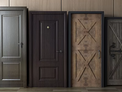 Different Style Wooden Hinged Doors With Panel And Cross Texture Designs 3d model