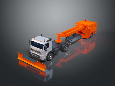 Orange And White Utility Truck With Front Plow And Rear Specialized Equipment 3d model