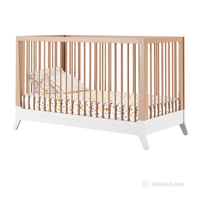 Wooden Baby Crib with Light Wood Frame White Base Floral Pattern Sheet and Pillows 3d model 