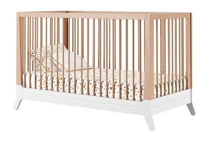 Wooden Baby Crib with Light Wood Frame White Base Floral Pattern Sheet and Pillows 3d model