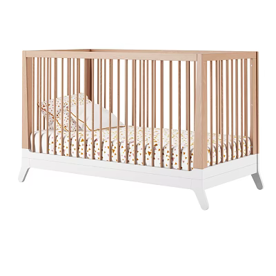 Wooden Baby Crib with Light Wood Frame White Base Floral Pattern Sheet and Pillows 3d model