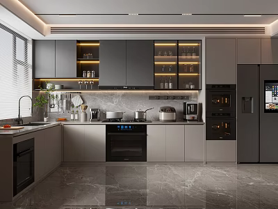 Modern Kitchen Interior Design With Sleek Gray Cabinets Countertops And Integrated Appliances 3d model