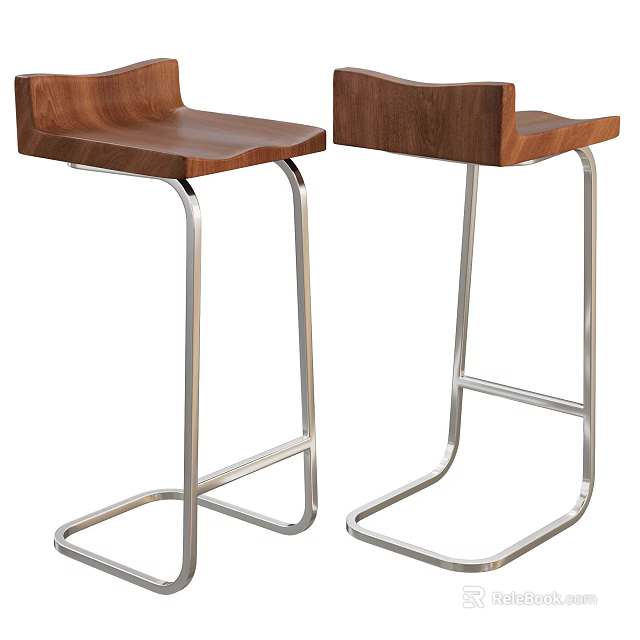 Two Modern Bar Stools With Wooden Seat Backrest And Silver Metal Frame 3d model 