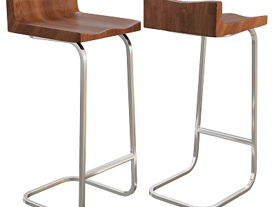 Two Modern Bar Stools With Wooden Seat Backrest And Silver Metal Frame 3d model