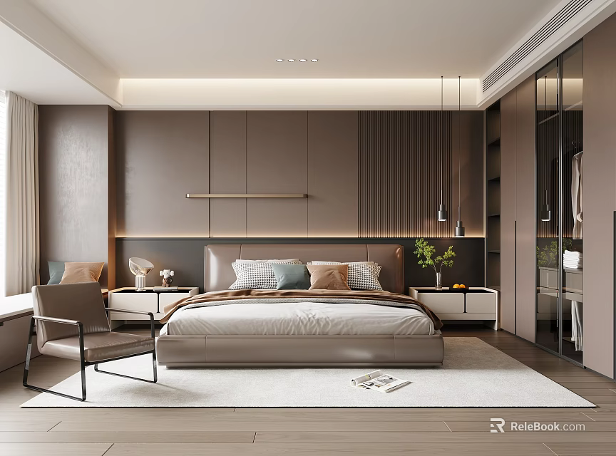 Modern Bedroom Interior Design With Headboard Lighting Nightstands Accent Chair Sliding Wardrobe And Wooden Flooring 3d model 