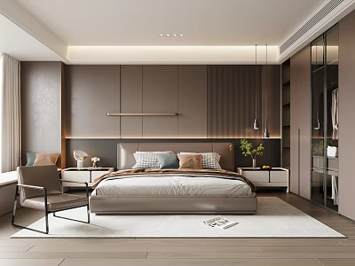 Modern Bedroom Interior Design With Headboard Lighting Nightstands Accent Chair Sliding Wardrobe And Wooden Flooring 3d model