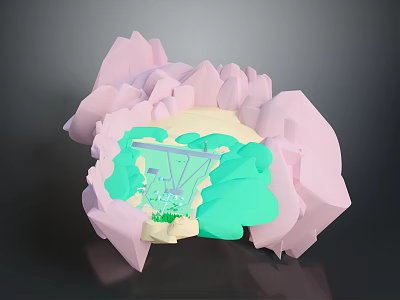 Scenic 3D Model Featuring Pink Rocky Structures And Green Inner Areas 3d model